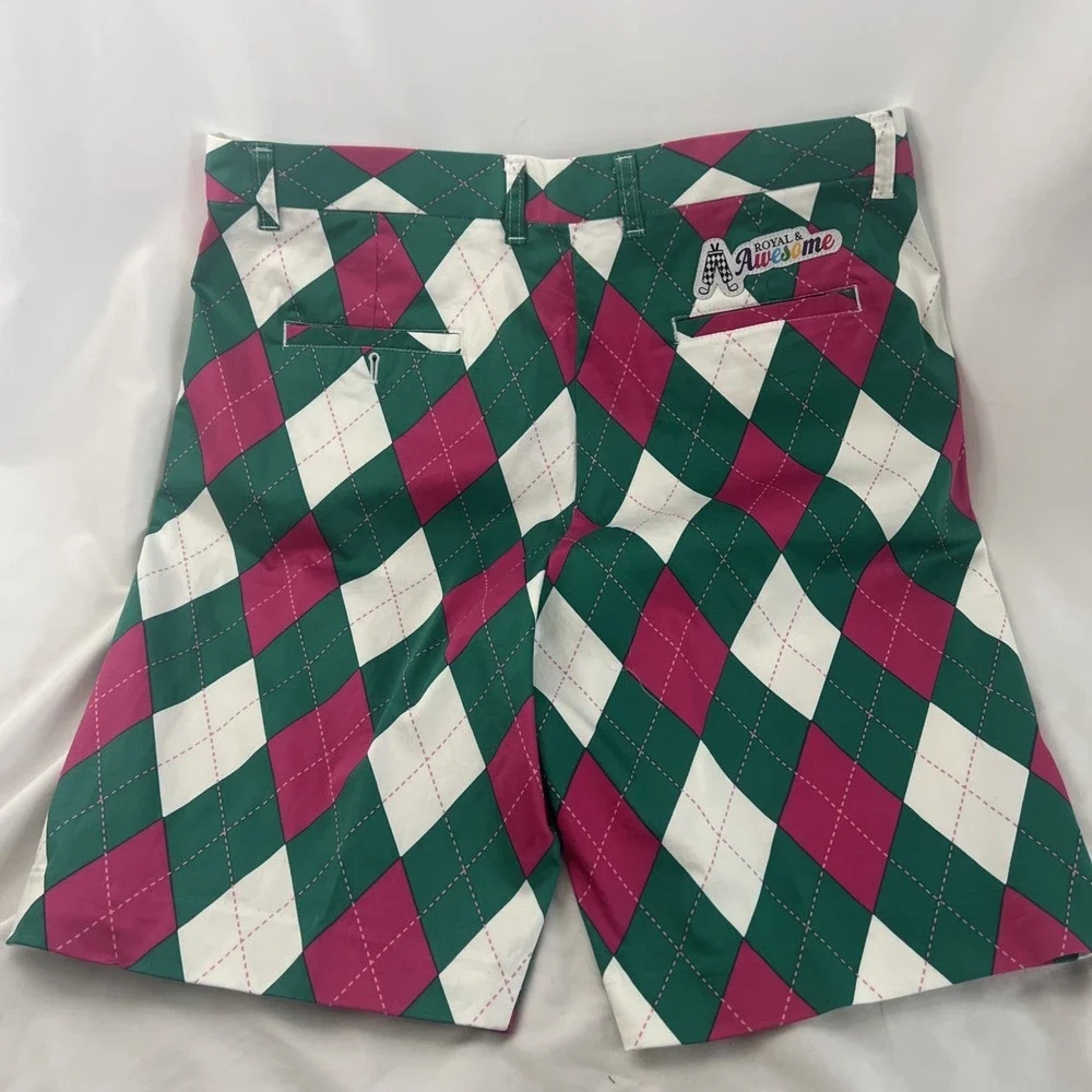 LOUDMOUTH Mens Sz 36 Golf Shorts Multicolored Argyle Pink Green White‎